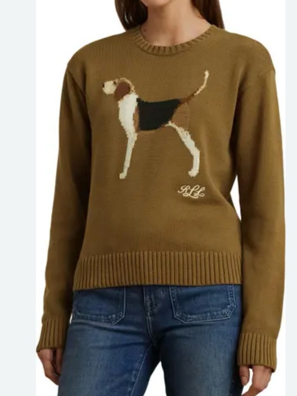 Ralph Lauren Olive Green Dog Intarsia Crewneck Sweater